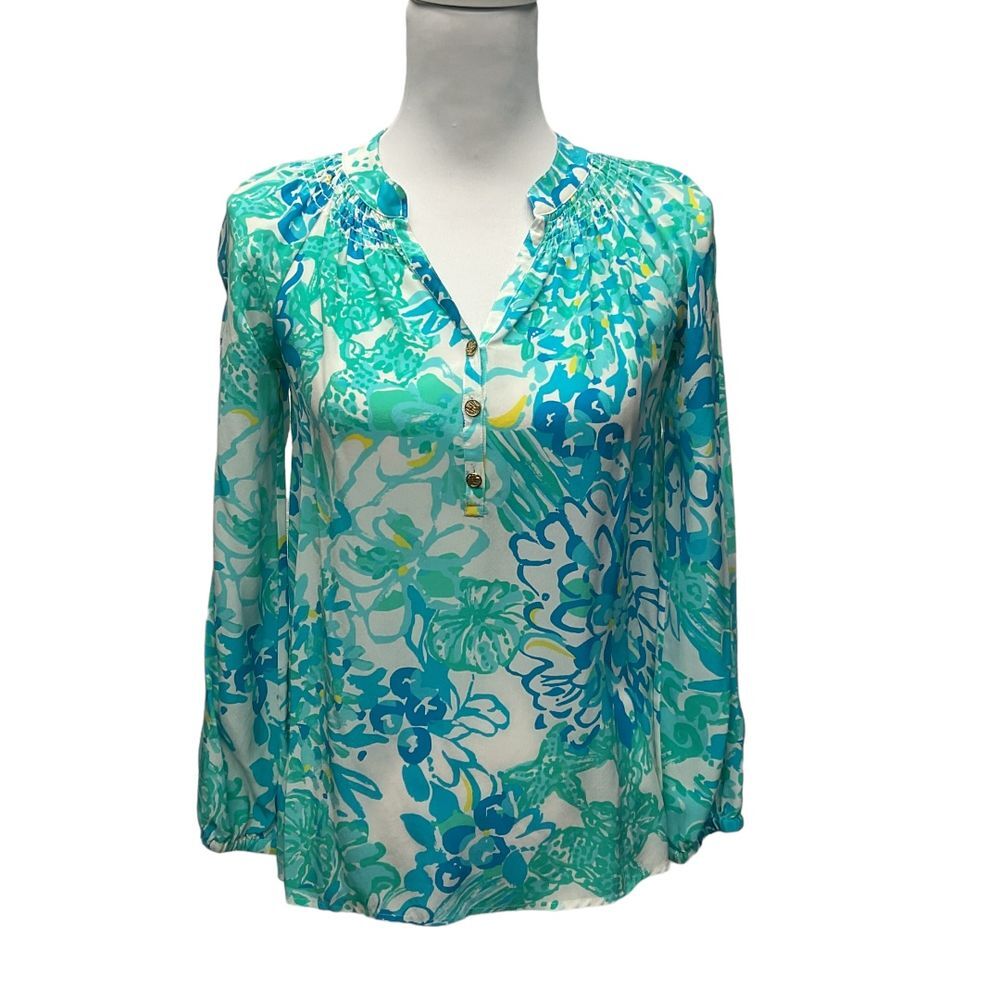 Lilly Pulitzer Elsa Silk Chiffon Long Sleeve Blouse Size XXS Blue Green Smocked